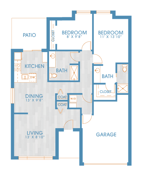 Floor plan for 2 beds, 2 baths, 1268 sqft